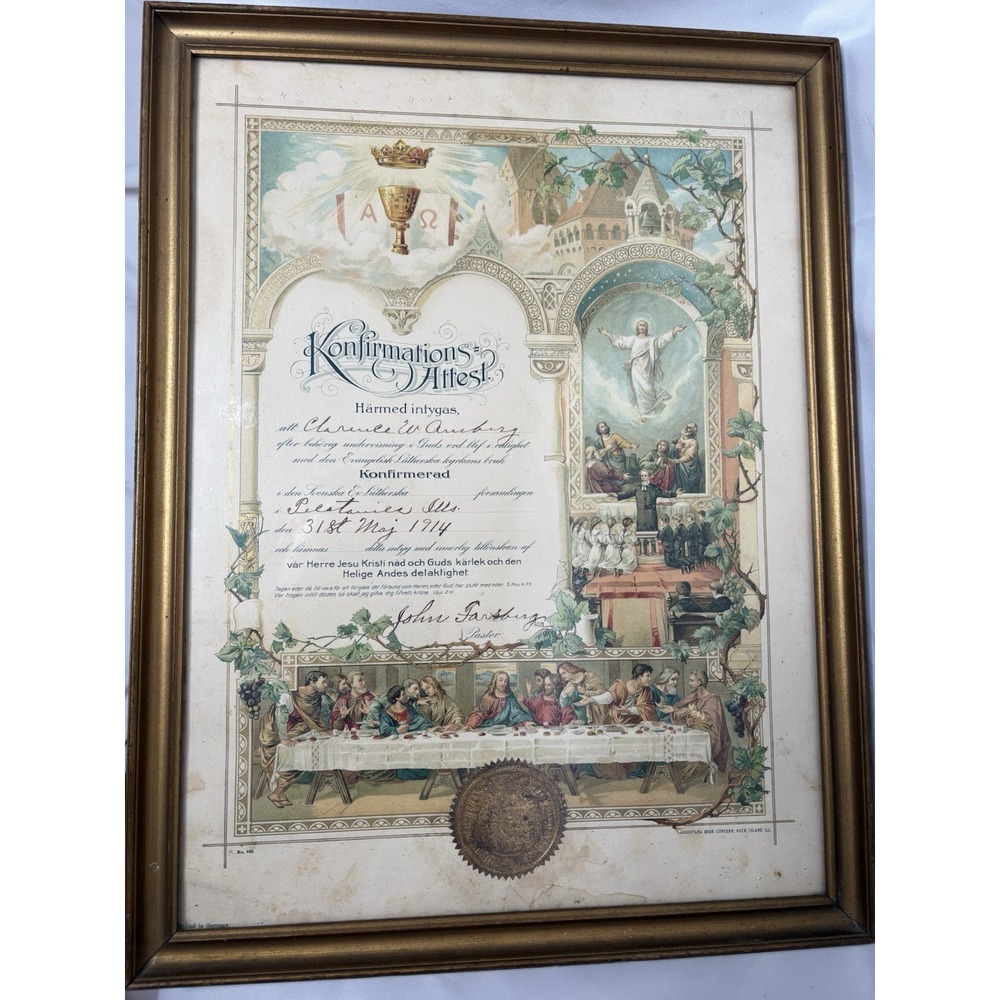 Antique 1914 Swedish Lutheran Confirmation Certificate Framed Konfirmations